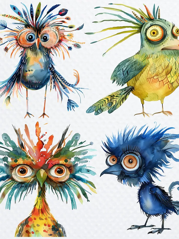 20 Whimsical Birds PNG Bundle, Funny Birds sublimation, Watercolor Birds clipart, Printable clipart, Digital download, junk journal
