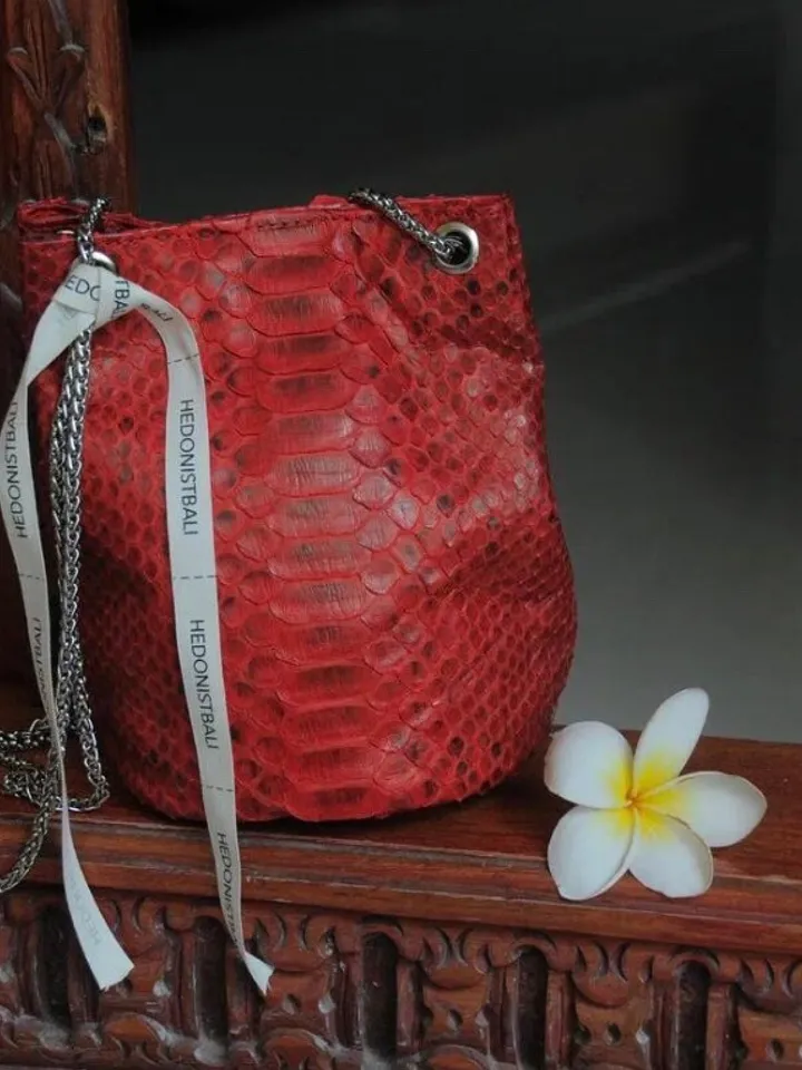 Genuine python skin bucket red chain bag / designer women purse / bright soft bag / exotic leather bags free shipping | gift for her