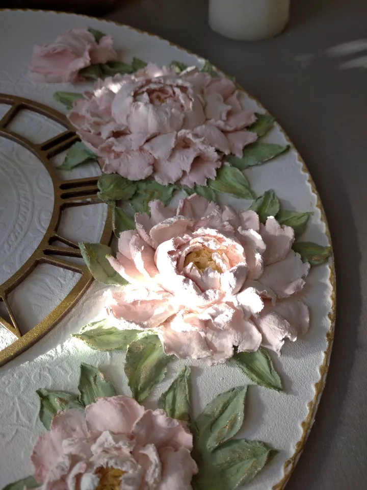 White wall clock with pink 3D peonies Shabby chic wall decor Large wall clock with flowers Wedding gift Mother day gift