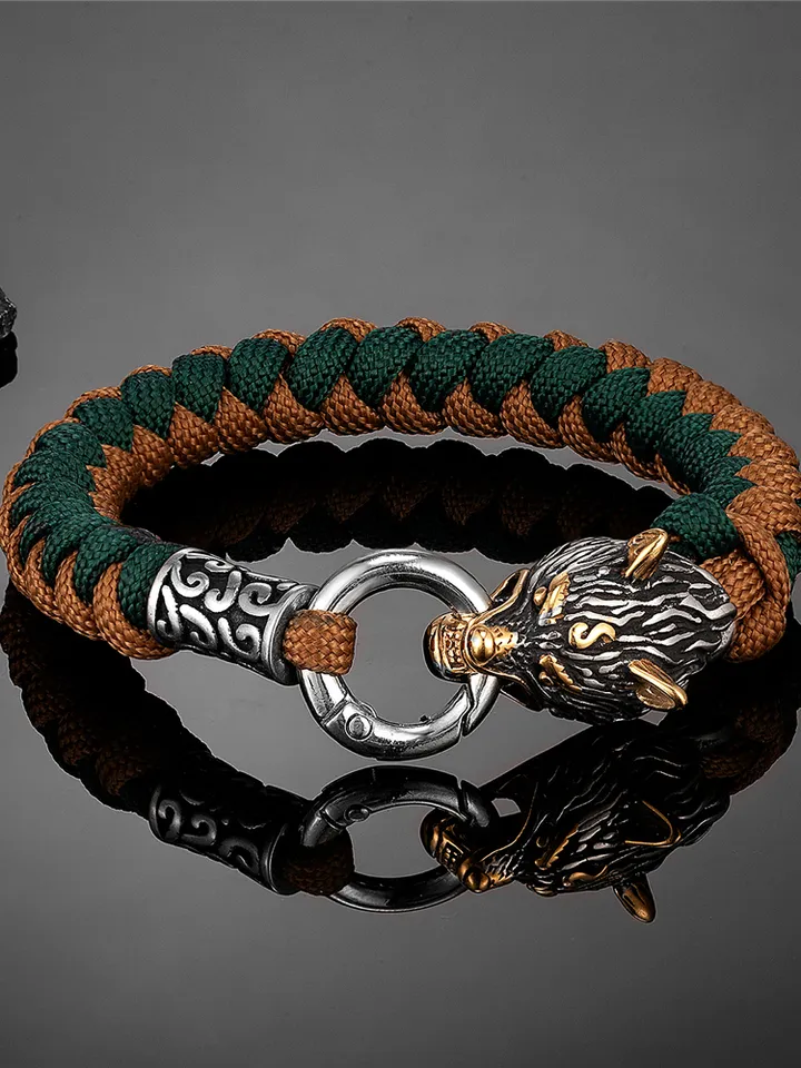 Stainless Steel Wolf Head Nordic Handmade Paracord Bracelet