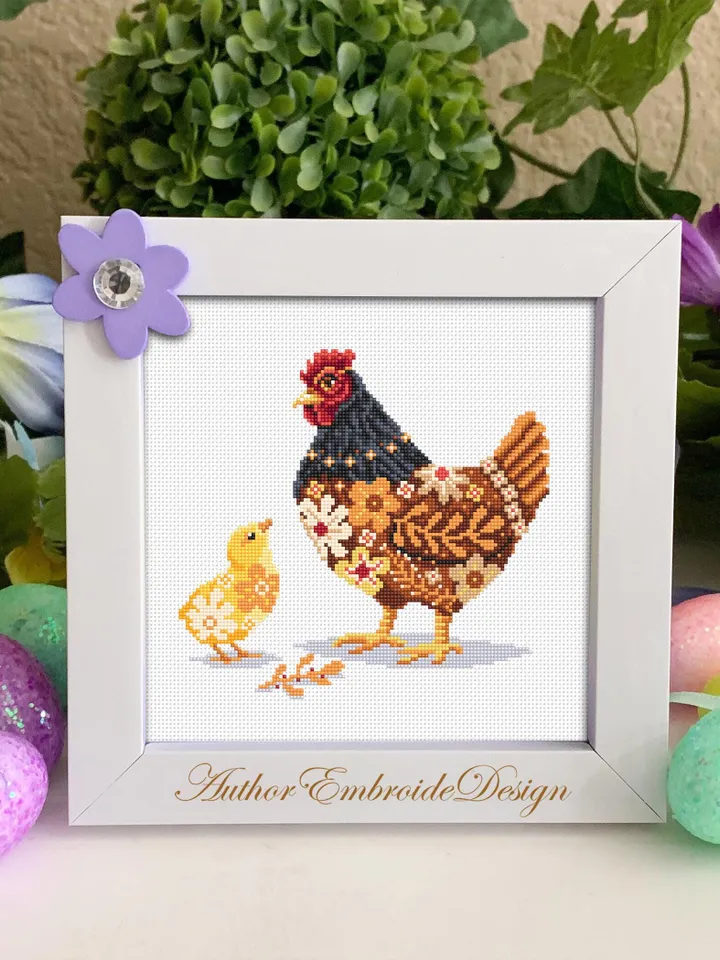 Floral chicken cross stitch pattern PDF download Chicken mom cross stitch chart, Flower pattern digital PDF, Farmhouse bird, Mother Hen #K64