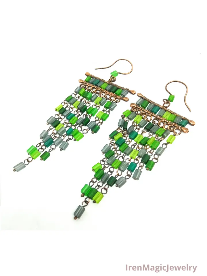 Copper Earrings with Green-Gray Beads
