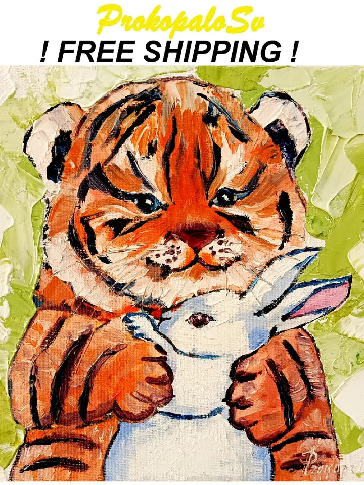 Tiger cub Painting Rabbit Original Art Christmas Gifts Impasto Oil Painting Tiger Painting Tiger Art Rabbit Art by ArtProkopaloSv