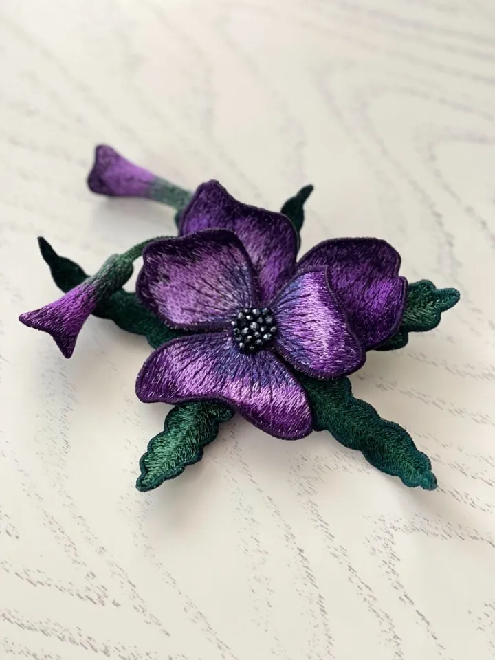 Machine embroidery design FSL 3D brooch “Pansies”