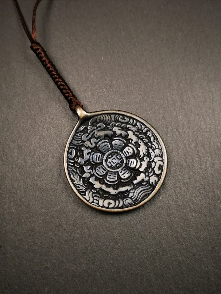 Gandhanra Vintage Tibetan Buddhist Calendar Badge,Melong Mirror, SIPAHO Amulet,made of Lima Brass, 1.77"