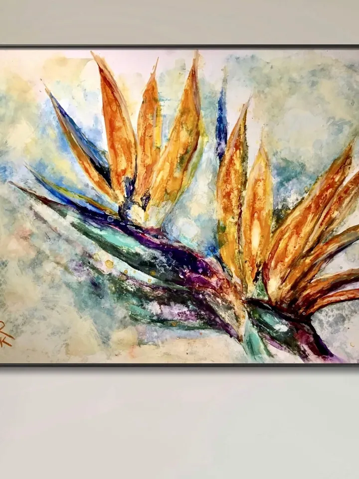 Bird of paradise flower, strelitzia flower original watercolour mix media painting on yupo paper,one of a kind painting,gift,wall art.