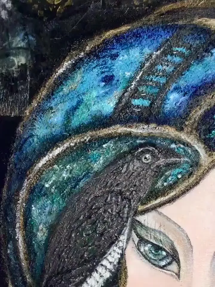 Woman portrait painting,Fantasy portrait of a woman with watches and magpie,collage background,acrylic on stretched canvas.