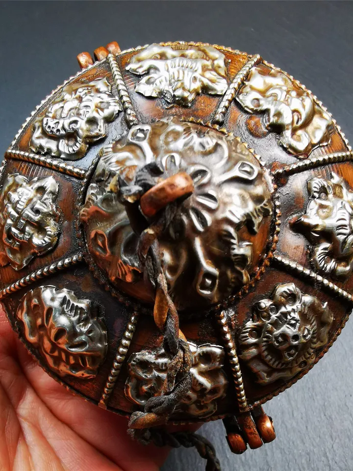 Gandhanra 8cm Copper Case,Astamangal Pattern, for Tibetan Cymbals, Tingsha Bell,Handmade in Nepal