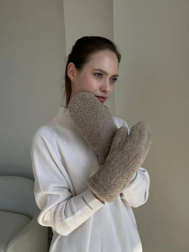 Genuine shearling mittens dark beige colour/ real fur mittens /women cold weather designer gloves / warm cosy mittens/ winter wear
