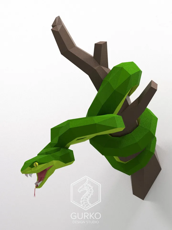 Keffiyeh Snake On A Branch Papercraft, Digital Template, PDF Download, Gurko, 3D Low Poly, Pepakura, DIY Origami Sculpture, Paper Decor