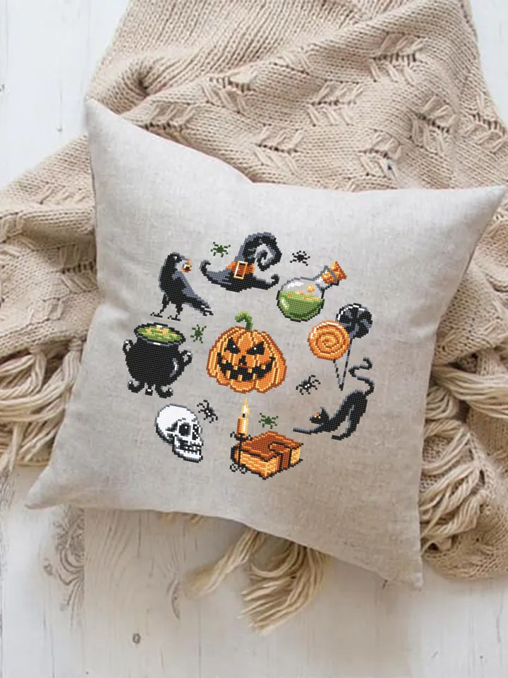 Halloween cross stitch pattern download PDF Beginner stitch Magic horror cross stitch Witch black cat stitch chart Halloween embroidery #H30