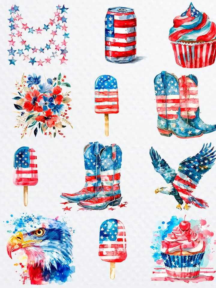 4th Of July Independence USA America Day Watercolor Clipart Bundle of 100 png Transparent Background, PNG for sublimation
