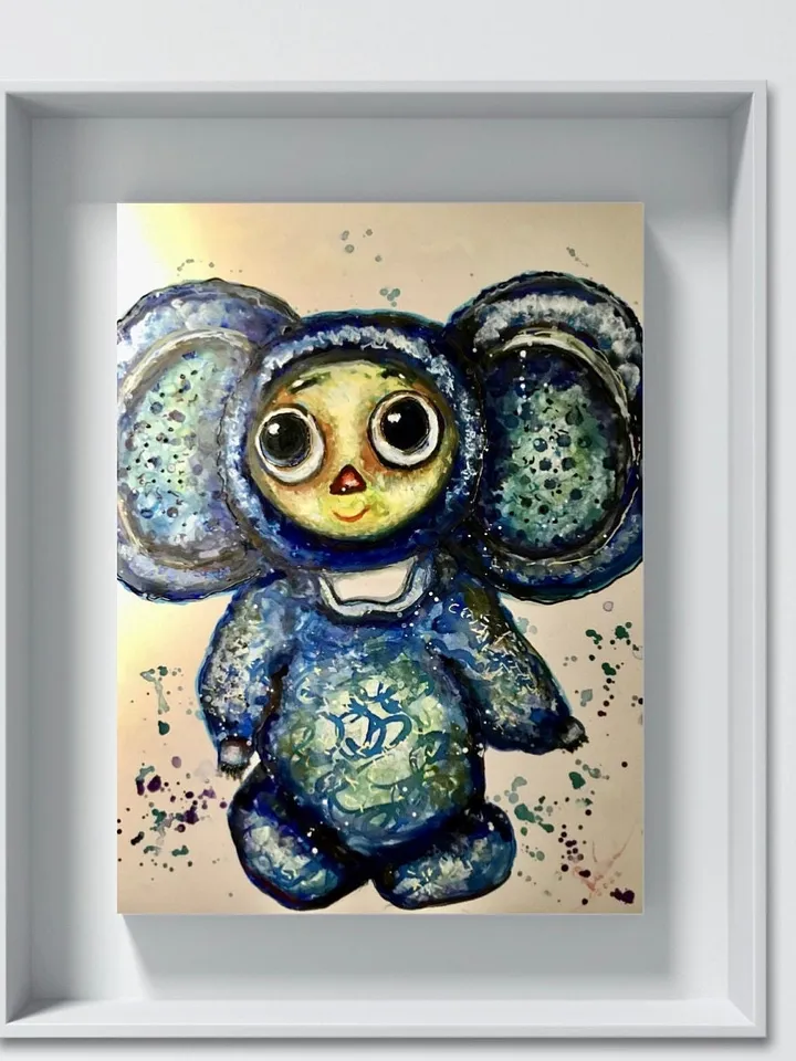 Cheburashka toy original painting,handmade mix media painting on yupo paper,kids room painting,wall decoration,gift,one of a kind