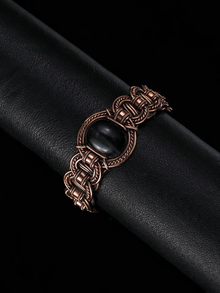 Copper wire bracelet with natural falcon eye, 7th Wedding Anniversary gift