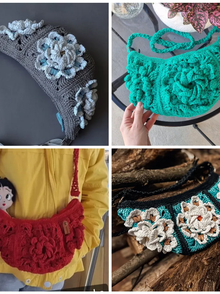Crochet pattern granny square belt bag PDF digital instant download and video tutorial, waist bag, raffia handbag with motifs, small purse