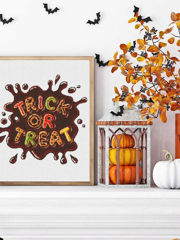 Candy letters trick or treat cross stitch pattern download PDF, Halloween quotes cross stitch, Halloween pattern digital PDF Home decor #H50