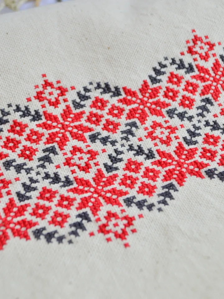Hand embroidered tote bag "Tradition" with Belarusian folk ornament. Made of natural cotton with cross-stitch embroidery, linen lining and magnetic closure. Unique handmade gift preserving cultural heritage