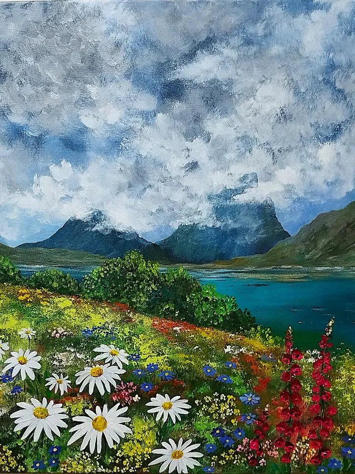 Mountain Landscape Painting Wildflowers Wall Decor Art Impasto