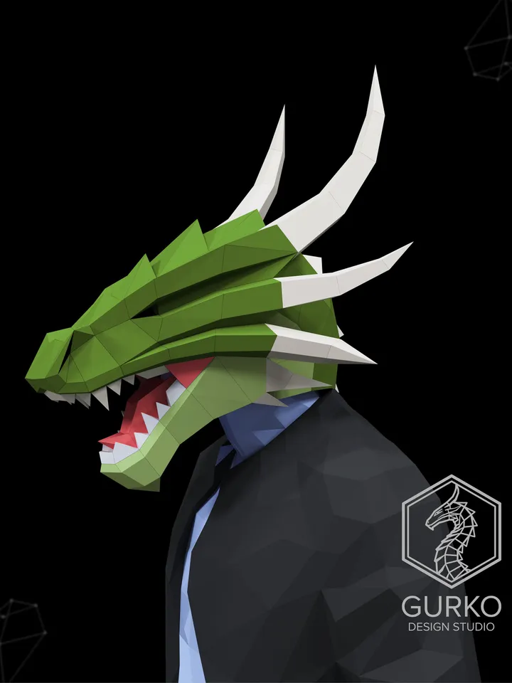 Dragon Mask Papercraft, Digital Template, PDF Download, Gurko, 3D Low Poly Animal Mask, DIY Origami, Pepakura, Paper Mask, DIY Costume