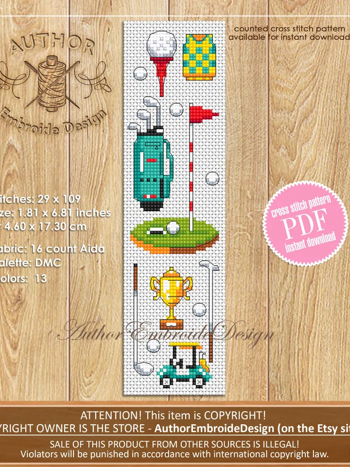 Golf bookmark cross stitch pattern PDF instant download Sport mini cross stitch chart, Modern bookmark pattern digital PDF, Golf gifts #B311