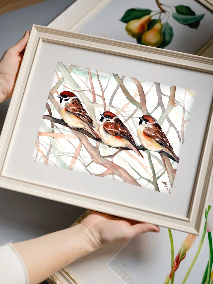 Original watercolor sparrows painting 8x11 in, sparrows on a branch by Anne Gorywine