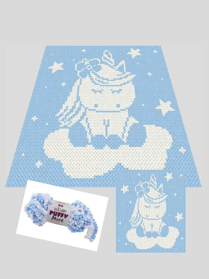 Loop yarn Finger knitted Unicorn on the cloud blanket pattern