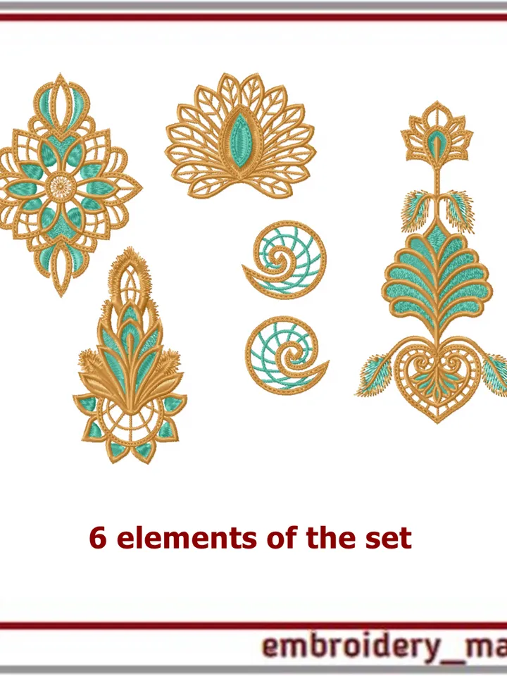 In the hoop Cutwork oriental style flowers, set of 6 elements Machine Embroidery Designs