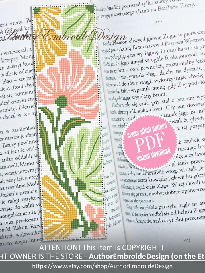 Abstract flowers bookmark cross stitch pattern PDF download Boho flowers cross stitch chart, Modern bookmark pattern digital PDF #B303