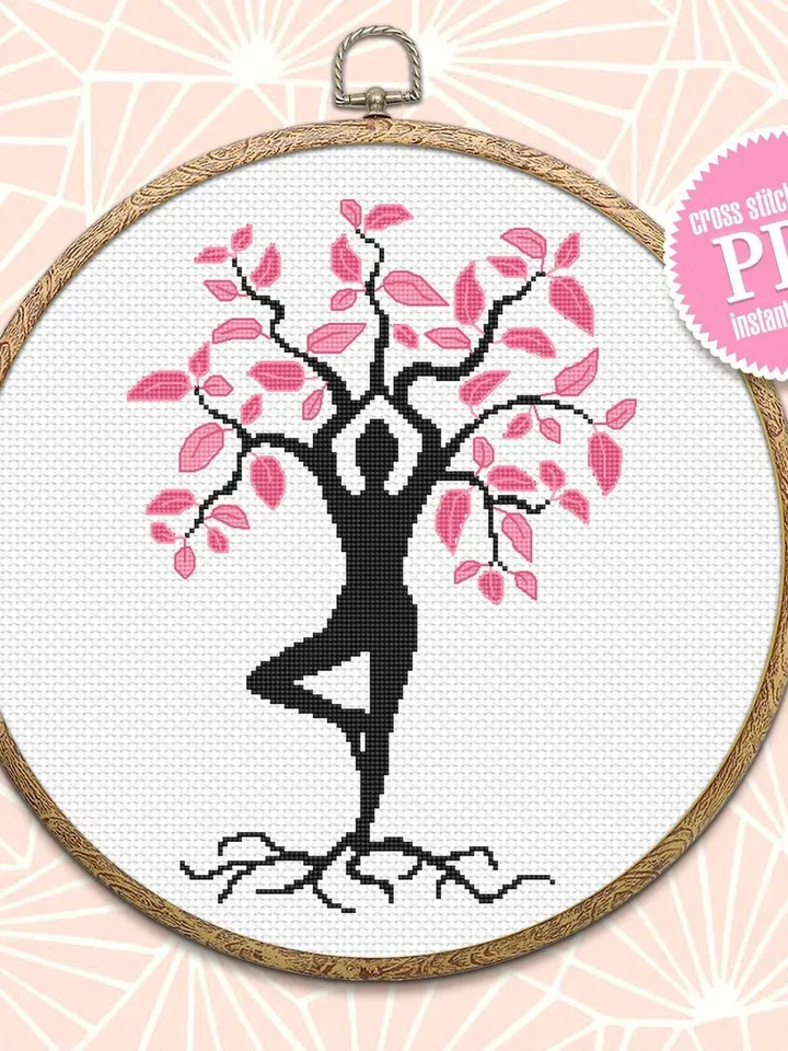 Yoga tree of life cross stitch pattern PDF Woman tree cross stitch Instant download PDF, Yoga decor, Nature yoga cross stitch chart #M191