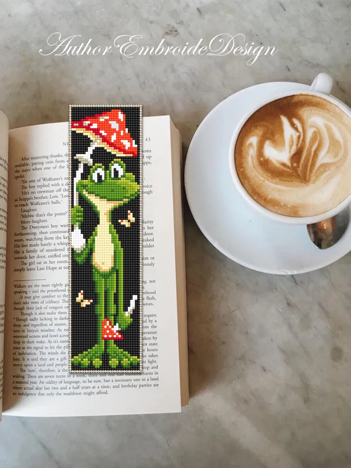 Frog bookmark cross stitch pattern PDF download Mushroom frog cross stitch chart, Funny bookmark pattern digital PDF, Frog embroidery #B371