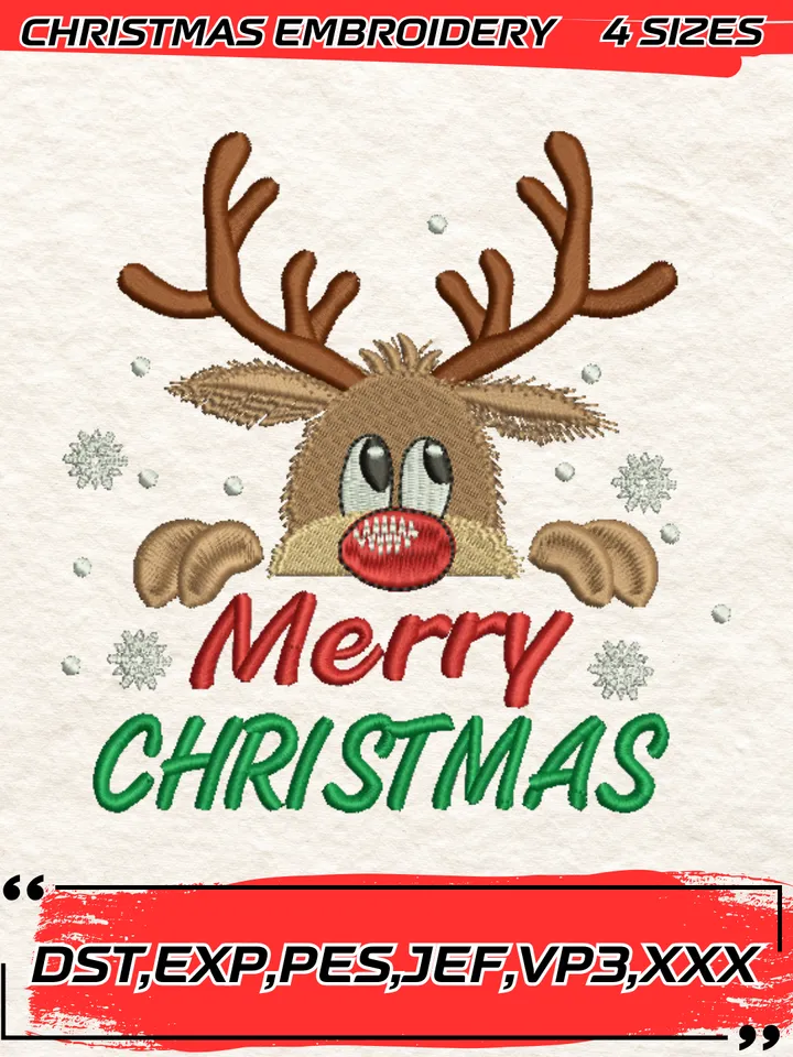 Christmas Reindeer Embroidery Design,Christmas Embroidery Design,4 Sizes, Digital Download