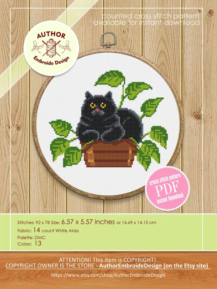 Black cat and plants cross stitch pattern PDF download House plant cross stitch chart, Funny cat pattern digital PDF, Cat lover gift #K45