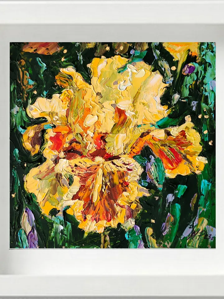Iris painting Floral Original Art 6 by 6 Yellow flower impasto artwork by Natalia Plotnikova