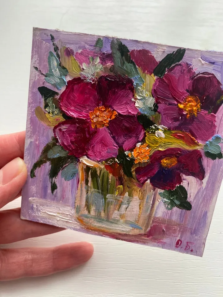 Mini oil painting "Pansies" impasto - a unique gift
