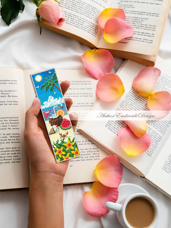 Beach bookmark cross stitch pattern PDF download Tropical drink cross stitch chart, Summer bookmark pattern digital, Beach life Hawaii #B434