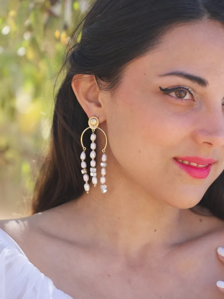 Art Deco Freshwater Pearl Wedding Earrings For Bride, Vintage Style Chandelier Statement Bridal Earrings, Boho Statement Wedding Jewelry
