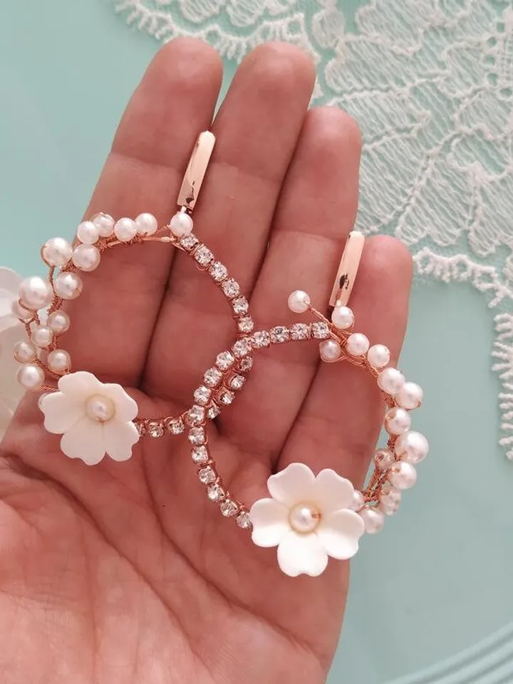 Rose Gold Hoop Floral Wedding Earrings, Porcelain Flower Bridal Earrings, Crystal Chandelier Statement Earriungs, Pearl Bridal Jewelry,