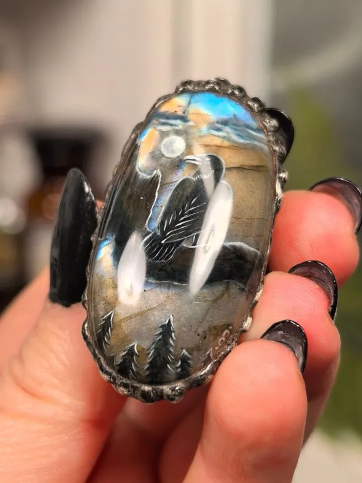 Raven ring Crow ring Viking ring Labradorite ring Oil painting miniature