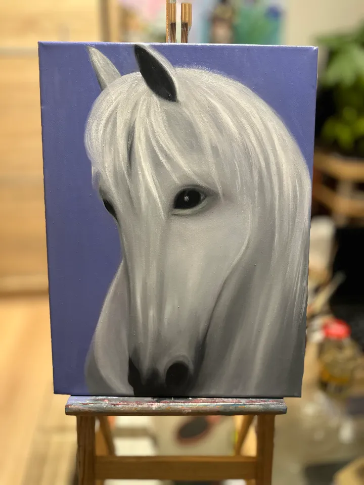 Oil Painting White Horse Horses Pets Nature Stretched Canvas 16 x12 Inches 40 x 30 cm Wall Decor Bedroom\Children's Room