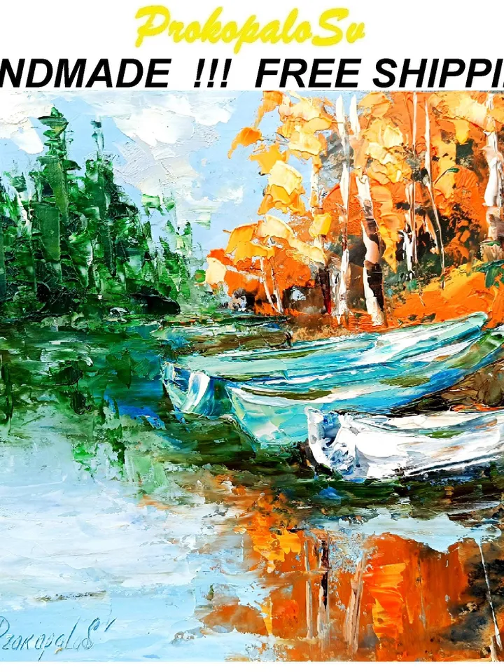 Michigan Painting Impasto Original Art boats painting National Park Wall Art boats Small Painting Original Art Gifts by ArtProkopaloSv
