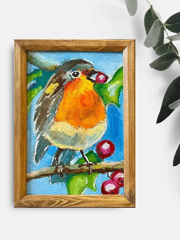 Robin bird painting, original oil painting, Framed animal art
