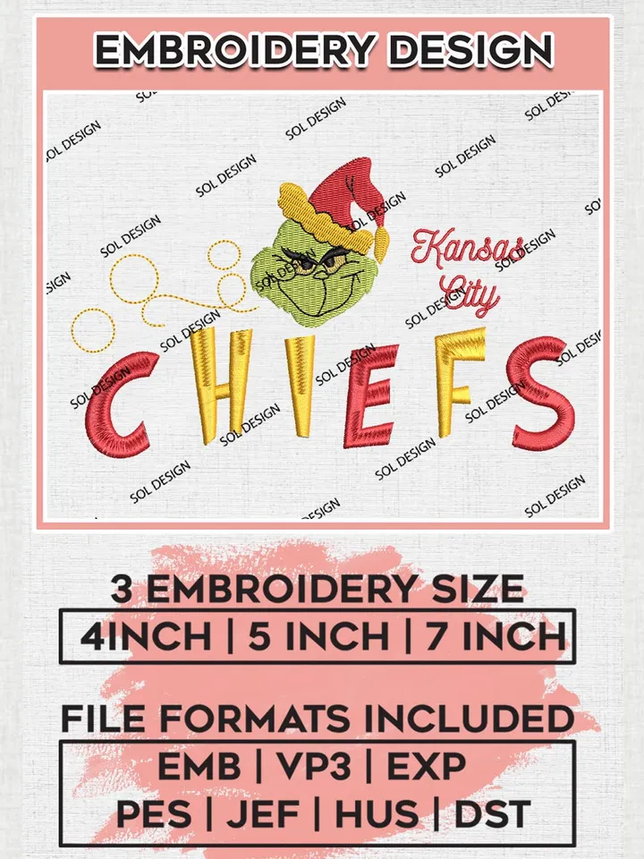 Christmas Grinch Kansas City Chiefs Embroidery Designs, Grinch Embroidery Files, NFL Chiefs Machine Embroidery Designs, NFL Kansas City Chiefs Logo, NFL Christmas Machine Embroidery Design, Digital Download