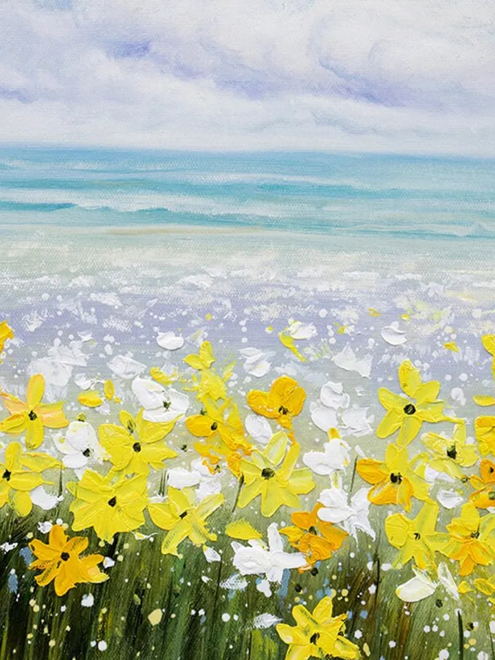 oil painting flower on canvas, original flower painting,yellow flower painting, blue sky painting, landscape painting,living room wall art