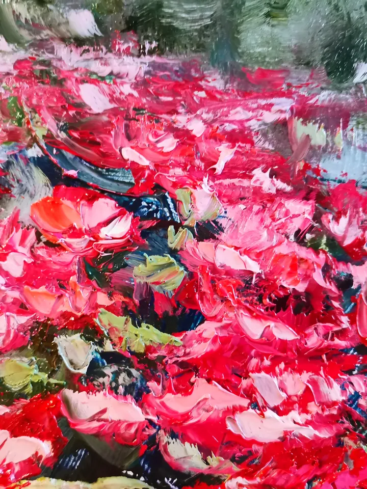 Oil Painting Flower Rose Bushes Trail Landscape Impasto Original Artist Svinar Oksana
