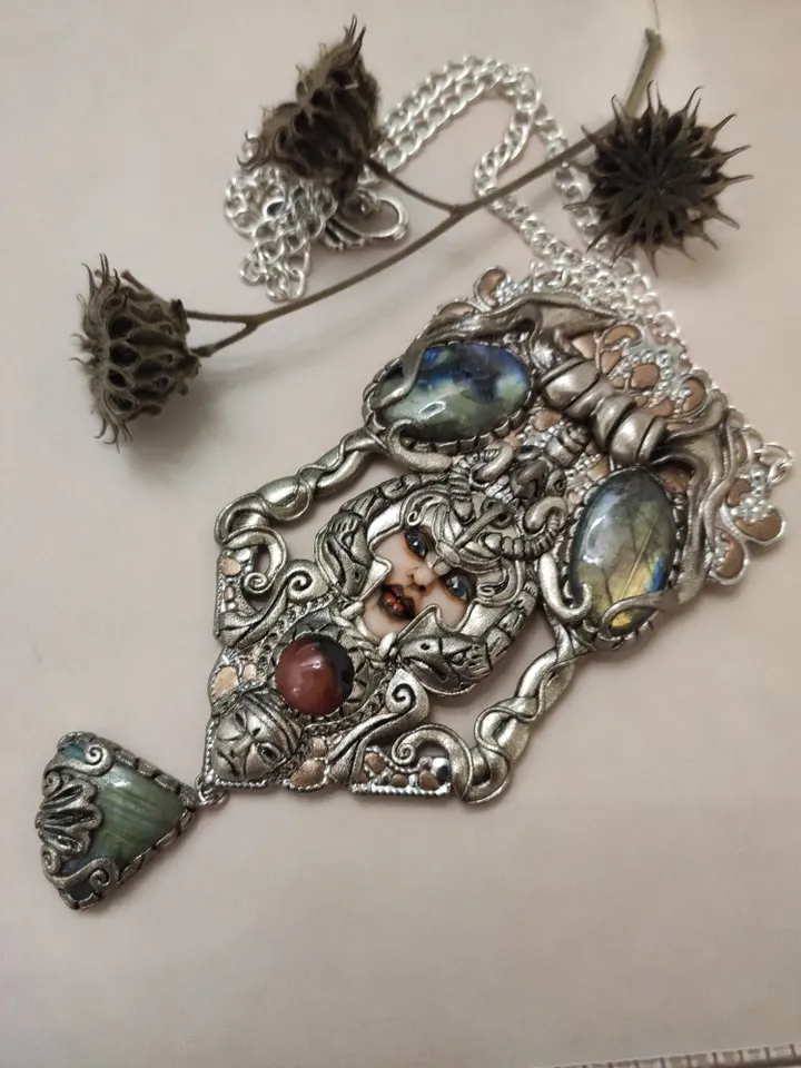 Necklace Goddess Hera, Art Nouveau style, with natural Labradorites and red agat