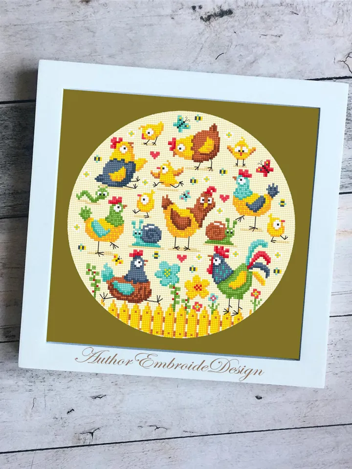 Chicken cross stitch pattern PDF download Funny bird cross stitch chart, Chicken pattern digital PDF, Farmhouse rooster and hen sampler #K62