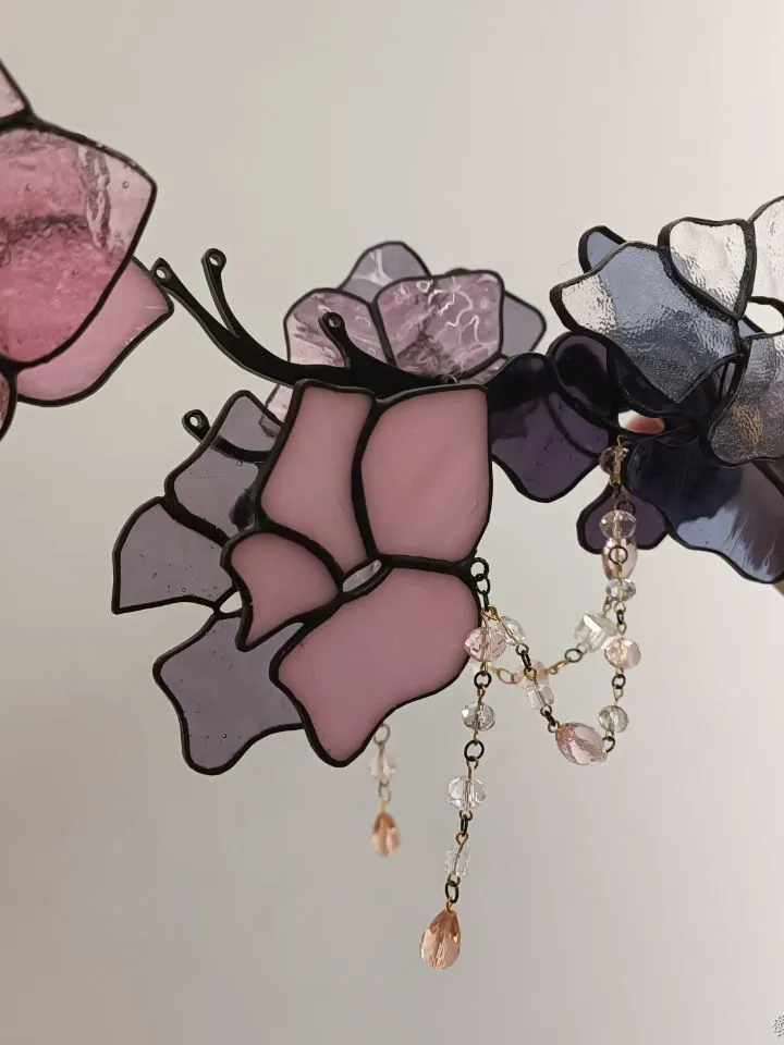 3D Pink and Purple Stained Glass Branch, 3D Pink and Purple Stained Glass Branch, Pink-Purple Floral Branch in 3D Stained Glass, 3D Stained Glass Blossom Branch in Rose and Violet, Handcrafted 3D Stained Glass Flowering Twig, Rose-Violet Glass Flower Stem