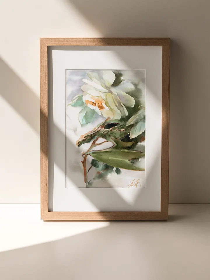 White rose dragon Watercolor painting Original fantasy art by Yulia Evsyukova