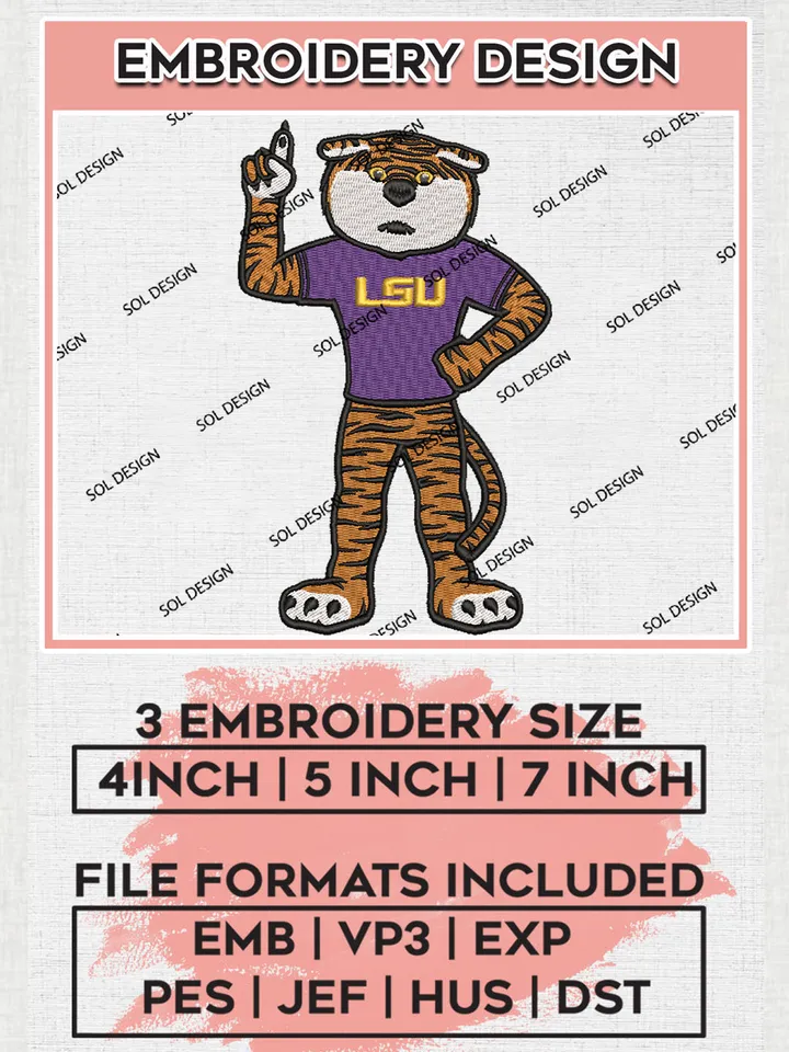 LSU Tigers College Team Mascot Logo Embroidery Design Files, NCAA LSU Tigers Machine Embroidery, NCAA Teams, 3 sizes, NCAA Machine embroidery designs, Digital Download