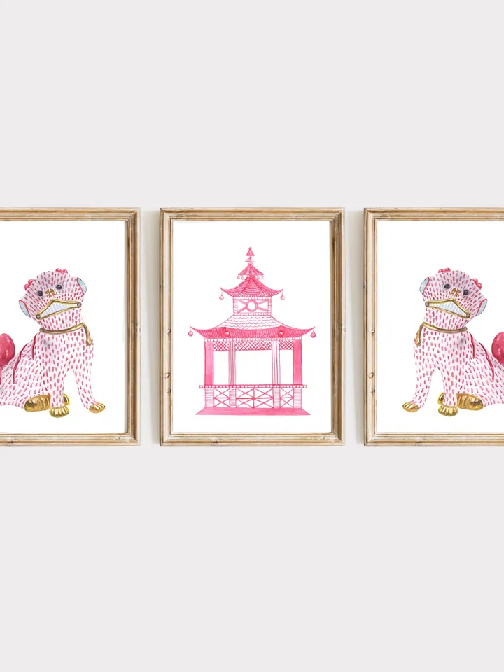 Pink Chinoiserie Set Of 3 Watercolor Painting Pagoda Foo Dogs Wall Art Chinoiserie Decor asian Hot Pink Wall Art Chinoiserie Chic Art Print